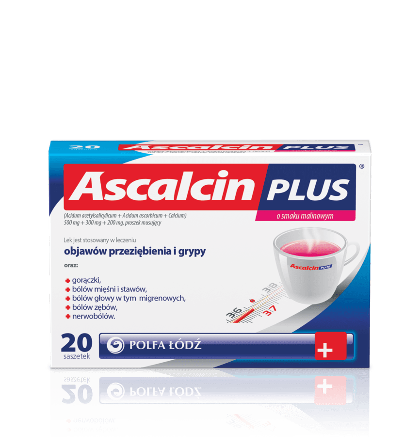 Ascalcin Plus o smaku malinowym, 500 mg + 300 mg + 200 mg, proszek musujący