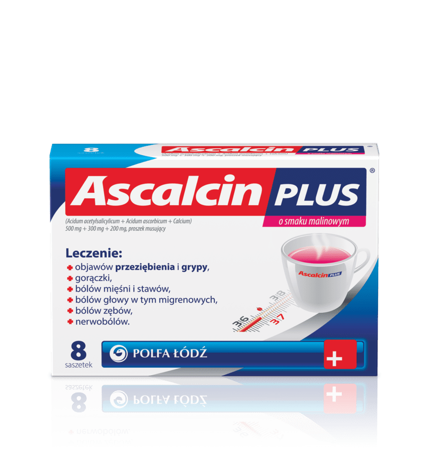 Ascalcin Plus o smaku malinowym, 500 mg + 300 mg + 200 mg, proszek musujący